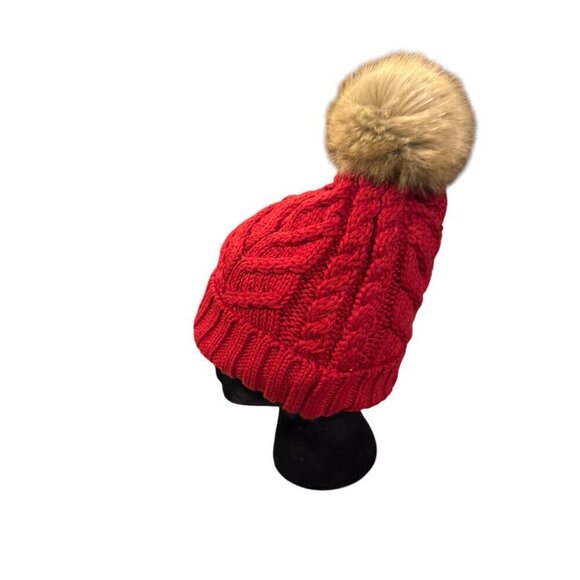 C.C Red Cable Knit Pom Beanie Hat With Faux Fur Pom One Size - Picture 3 of 9